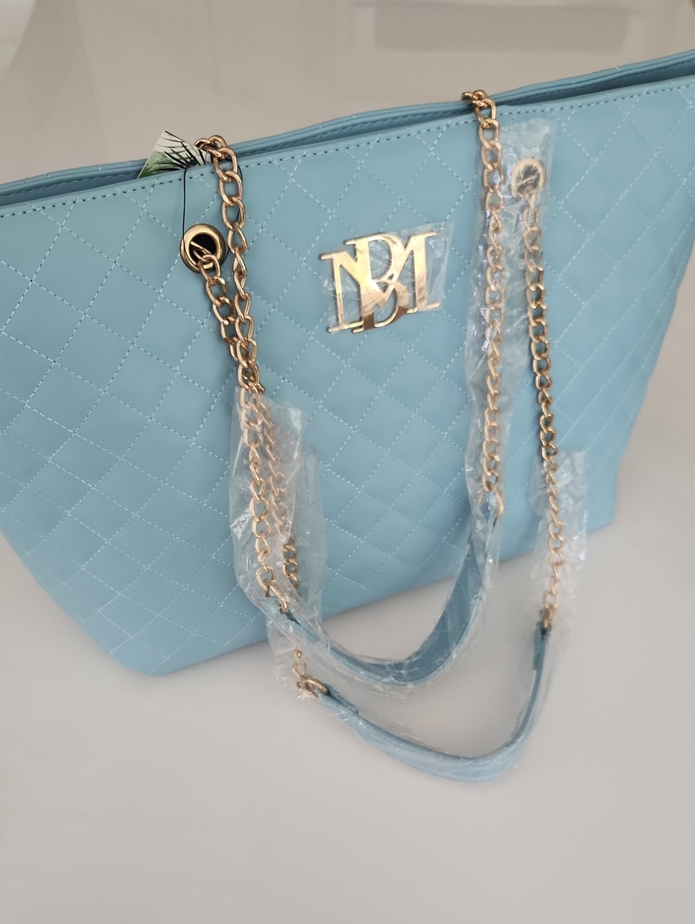 Badgley Mischka Light Blue Quilted Tote with Gold Chain Handles